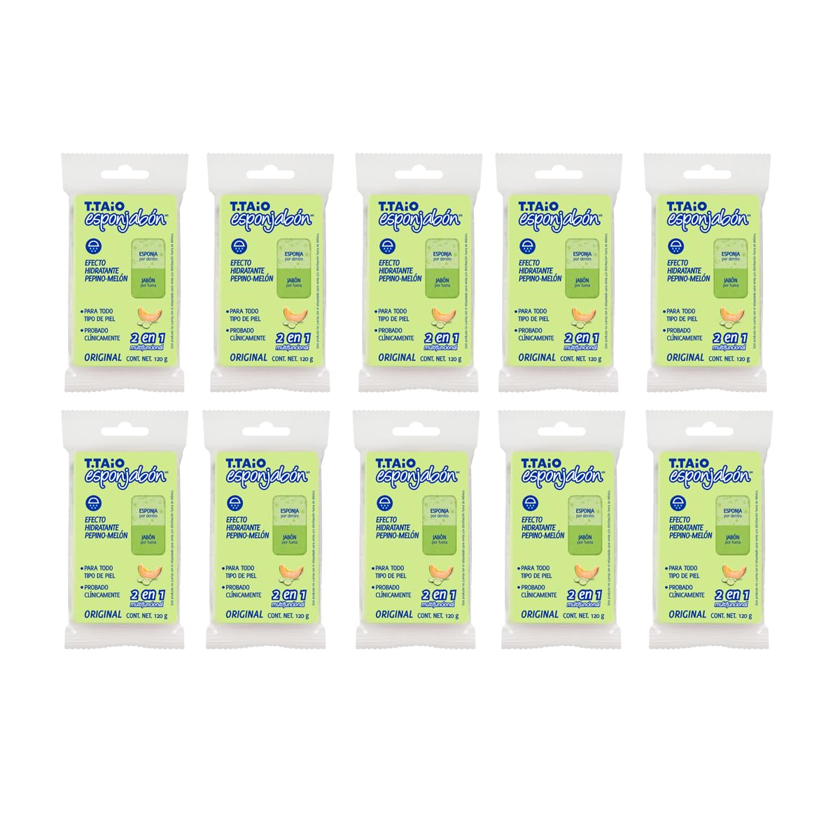 Jabón Corporal con Esponja Integrada 2 en 1, Exfoliación Suave, Aroma Pepino–Melón, Pack 10 Piezas, ESPONJABON T.TAIO