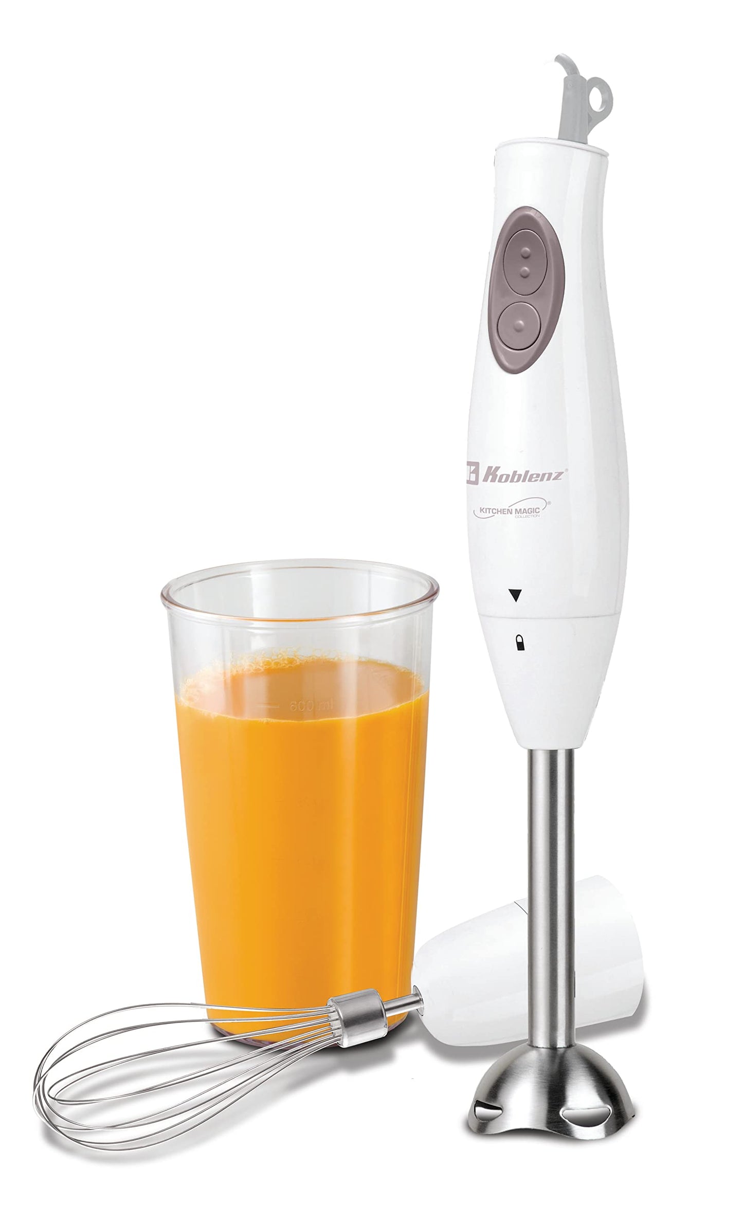Koblenz Batidora de Mano de Inmersión Koblenz, 2 en 1, de 2 Velocidades, Batidor de Huevo, Vaso Medidor de 600ml, Eje de Acero Inoxidable, 300W, Licuados, Batidos, Sopas para Bebés, Color Blanco (BIKM-300 PB)