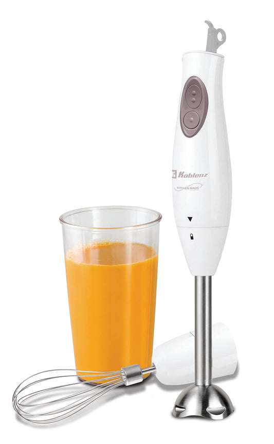 Koblenz Batidora de Mano de Inmersión Koblenz, 2 en 1, de 2 Velocidades, Batidor de Huevo, Vaso Medidor de 600ml, Eje de Acero Inoxidable, 300W, Licuados, Batidos, Sopas para Bebés, Color Blanco (BIKM-300 PB)