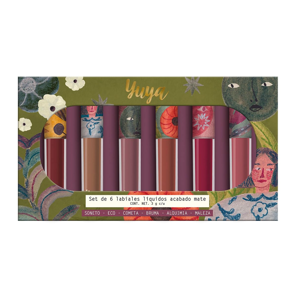 Yuya - Set de labiales indelebles larga duracion - labial indeleble - Labiales - Labiales liquidos acabado mate de larga duración (Alquimia, Soneto, Bruma, Eco, Cometa, Maleza, Pack 6 piezas)