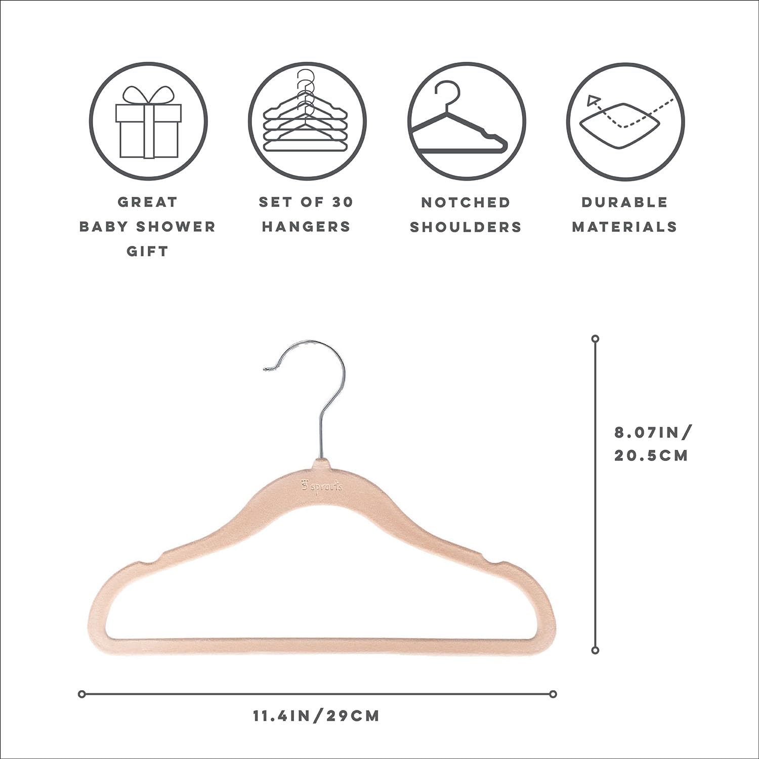 3 Sprouts 30 Perchas de Terciopelo para Bebé y Niños Pequeños - Antideslizantes, Perchas Delgadas para Ropa de Bebé, Color Avellana