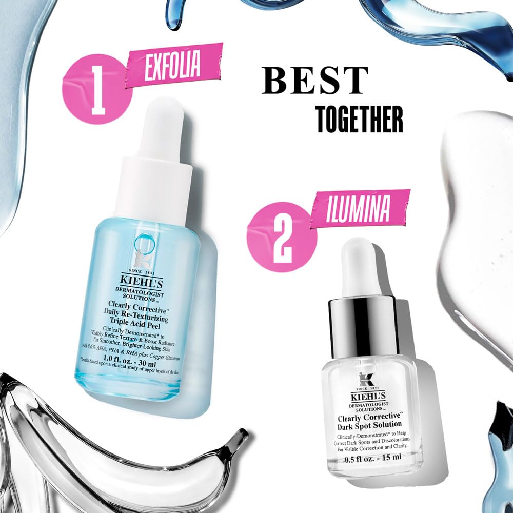 Kiehl's, Set Best in Glass, Set de Regalo, Clearly Corrective Daily Re-Texturizing Triple Acid Peel 30ml + Clearly Corrective Dark Spot Solution 15 ml, Un Dúo contra las Manchas Oscuras para Revelar una Piel Luminosa, 2 Piezas