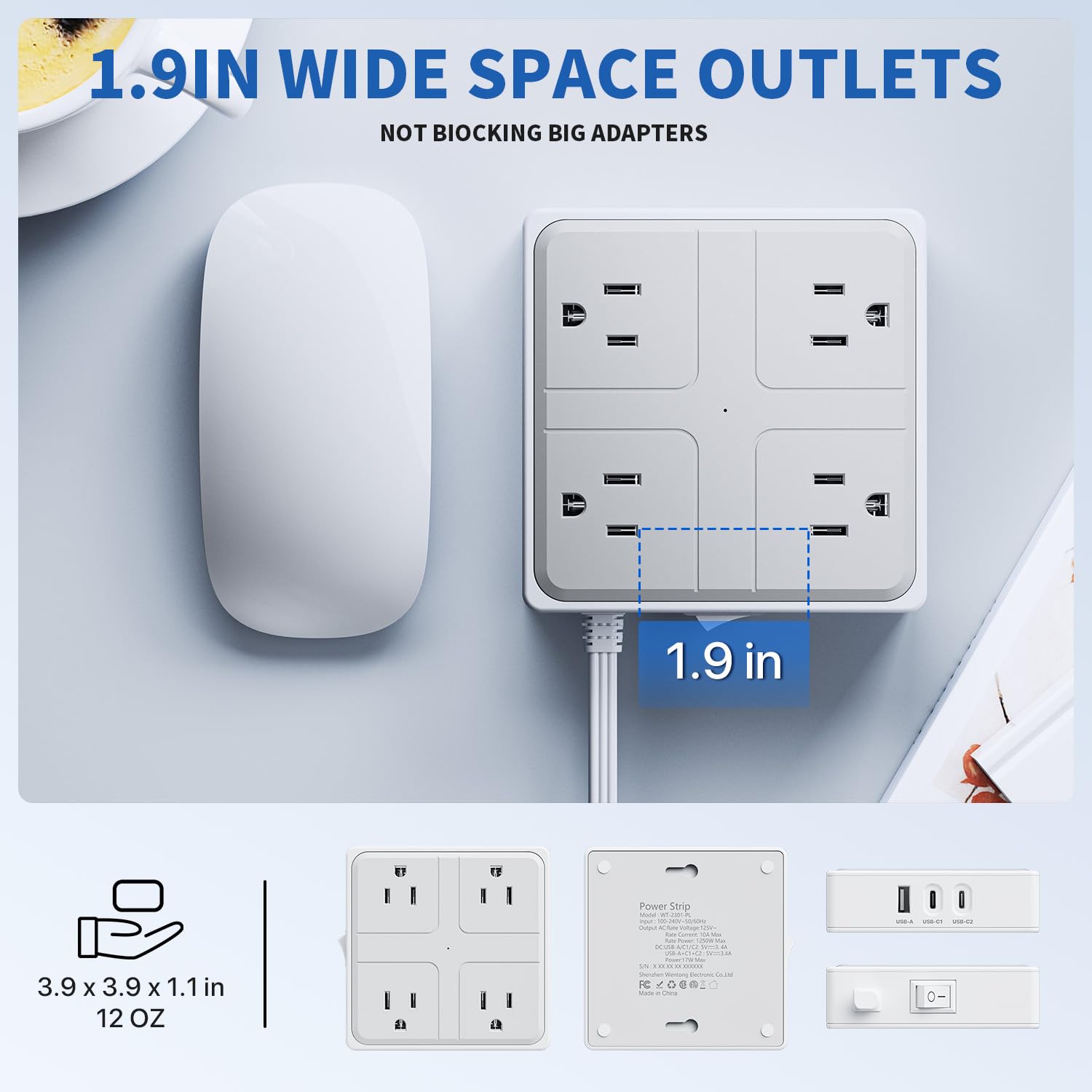 WENTONG Regleta Multicontacto Enchufe Plano, 1.2M Extension Electrica con 4 Salidas CA y 3 Puertos USB，Conector Multiple con Multicontacto USB C, Hogar Oficina Dorm Crucero Travel Essentials
