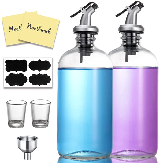 Dispensador de Enjuague Bucal de Vidrio AOZITA Transparente con Boquilla y Vaso Medidor