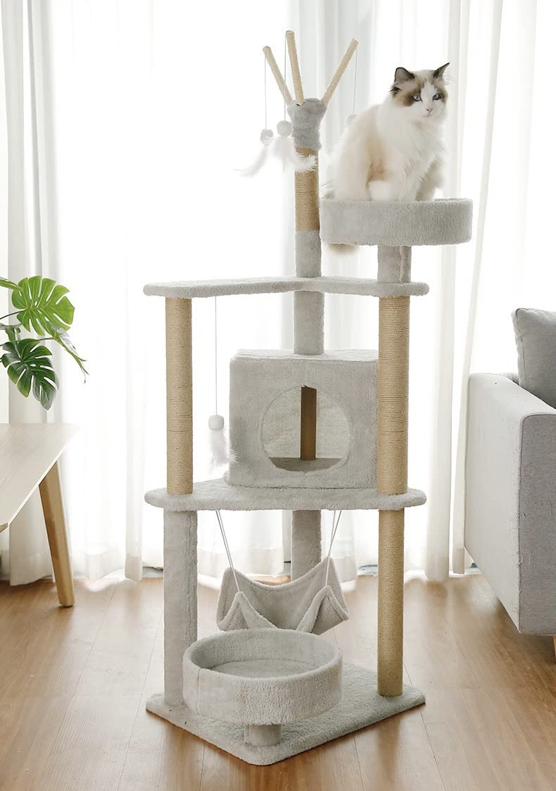 Rascador Torre Árbol UNA MASCOTA Gris con Casa y Cama para Gatos