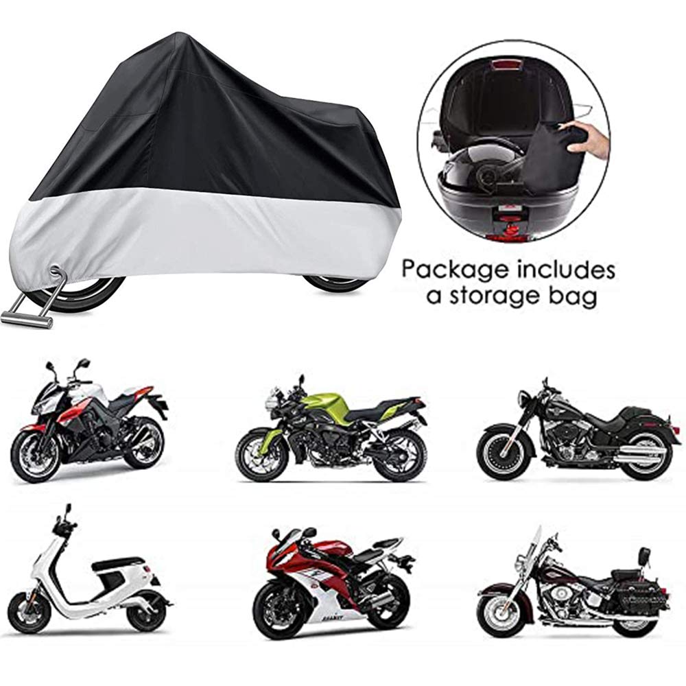 Funda para Motocicleta Impermeable Protector 190T - Polvo, Lluvia, escombros y Cubierta Resistente al Agua con protección UV para Motocicletas como Yamaha, Suzuki, Harley Honda(XXXL Negro y Plata)