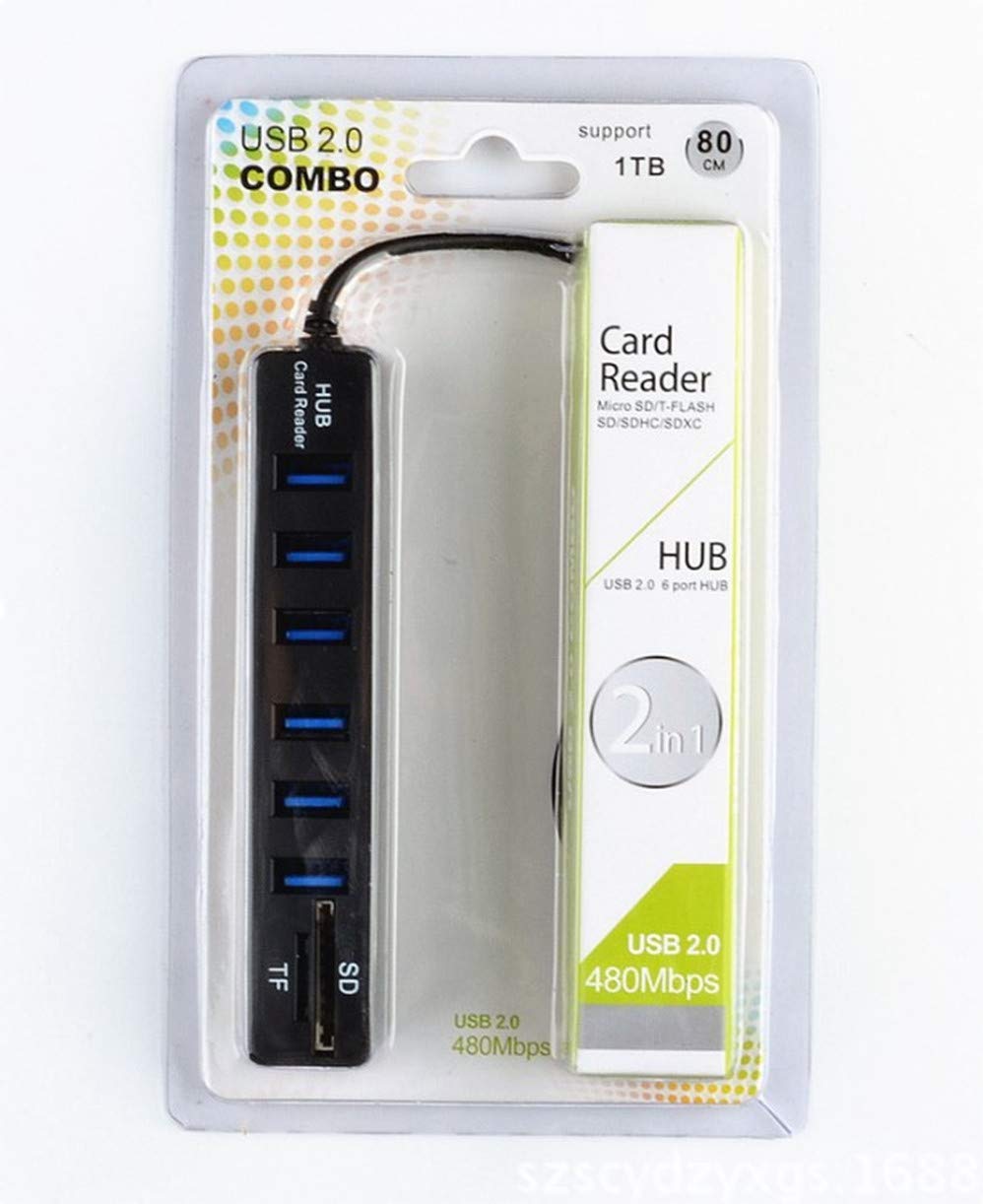 CARYWON Hub USB, Adaptador Extensión USB con 6 Puertos USB 2.0, Lector de Tarjetas SD/TF, 8 en 1 Puerto Portátil USB 2.0 para Macbook Air, iMac, Windows Surface, Ultrabook y Otro Laptop o PC, Negro