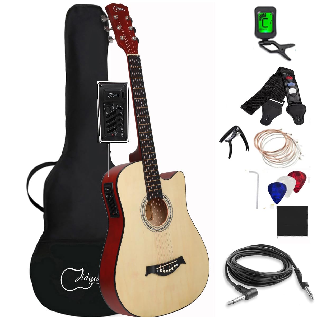 38 inch Electroacústica Guitarra Guitarra acustica con Afinadores,Correas,Cuerdas para Instrumentos,Plumillas,Cable amplificador guitarra,soul,Fundas para Guitarras 3/4 (Natural)