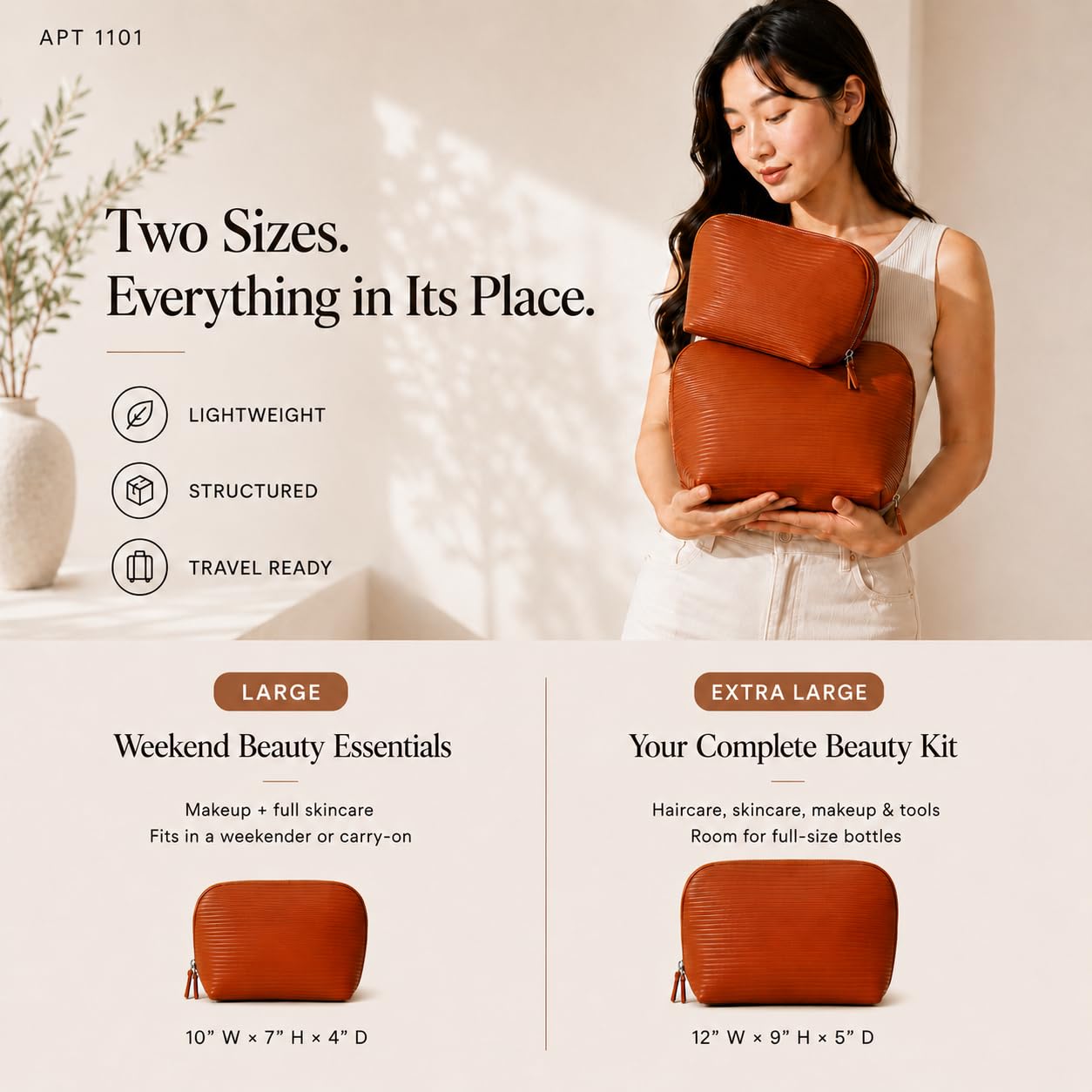 APT 1101 - Bolsa de maquillaje plegable de pie grande para viajes, diseño vertical plegable, bolsa organizada para cosméticos y cuidado de la piel para viajes de 2 a 4 semanas (chocolate)