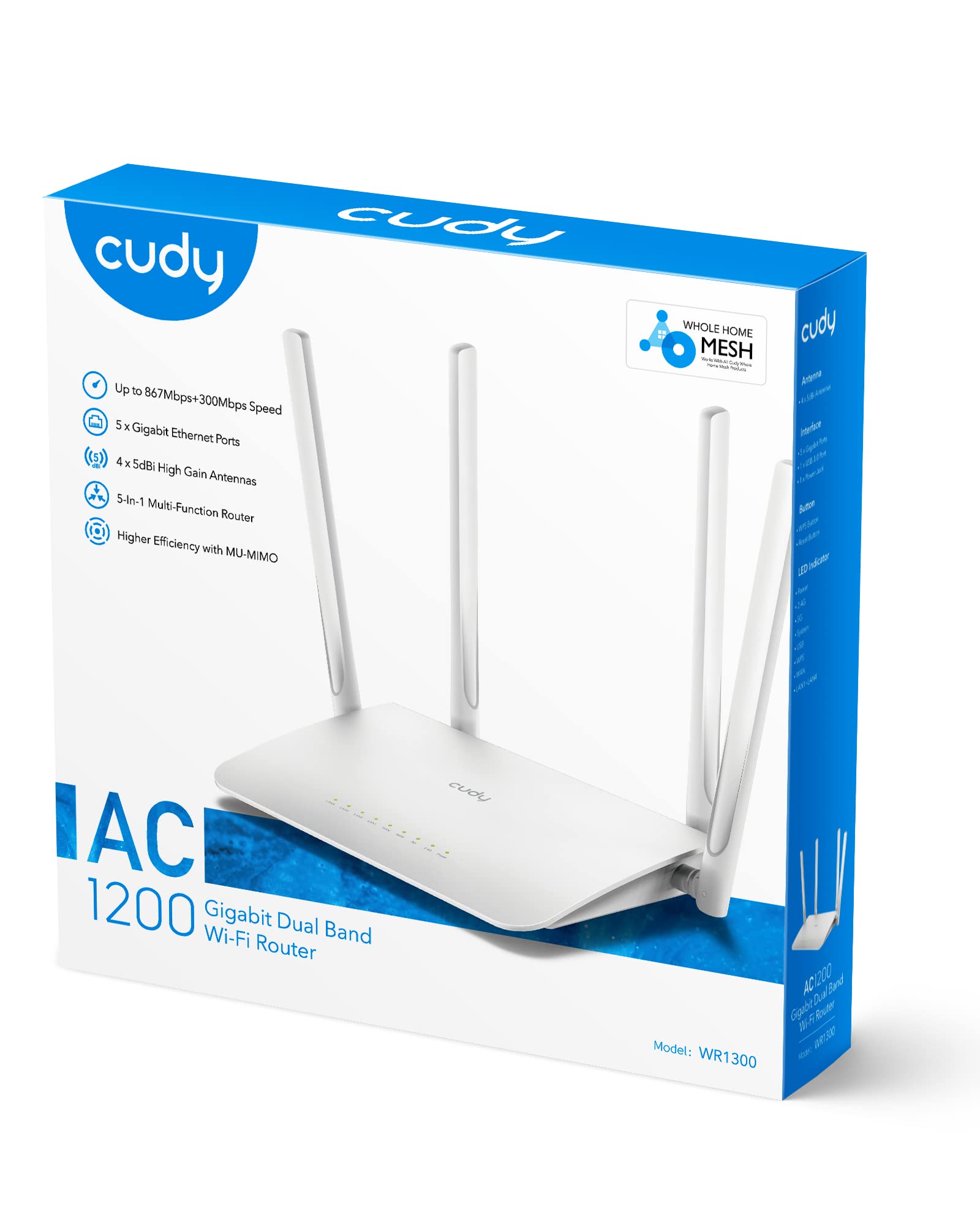 CUDY Ruteador Inalambrico WR1300 Antenas 4, Doble Banda 2,4GHz/5GHz, Wi-Fi 5, Puertos LAN 4, 867 Mbit/s