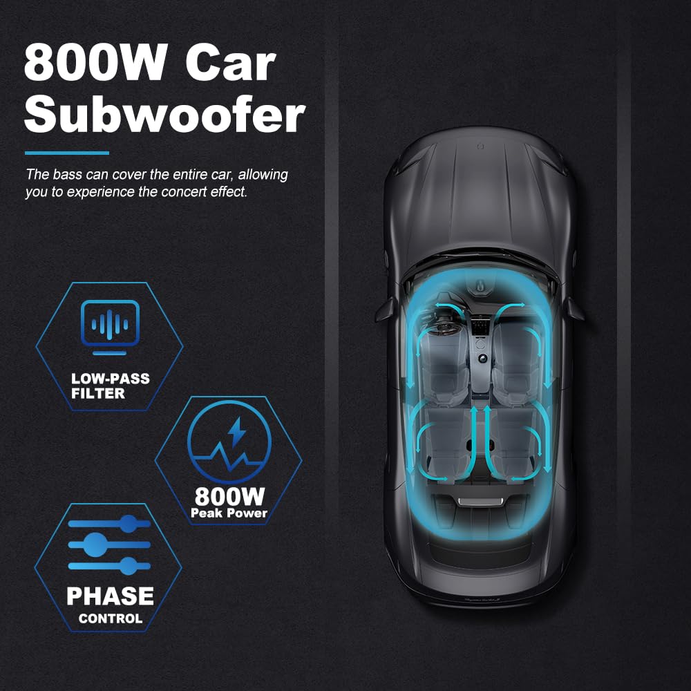 litillbuly Subwoofer de coche de 10 pulgadas, 800 W, subwoofer delgado para debajo del asiento, entrada de nivel alto/bajo, subwoofer de audio para coche/camión, amplificador integrado