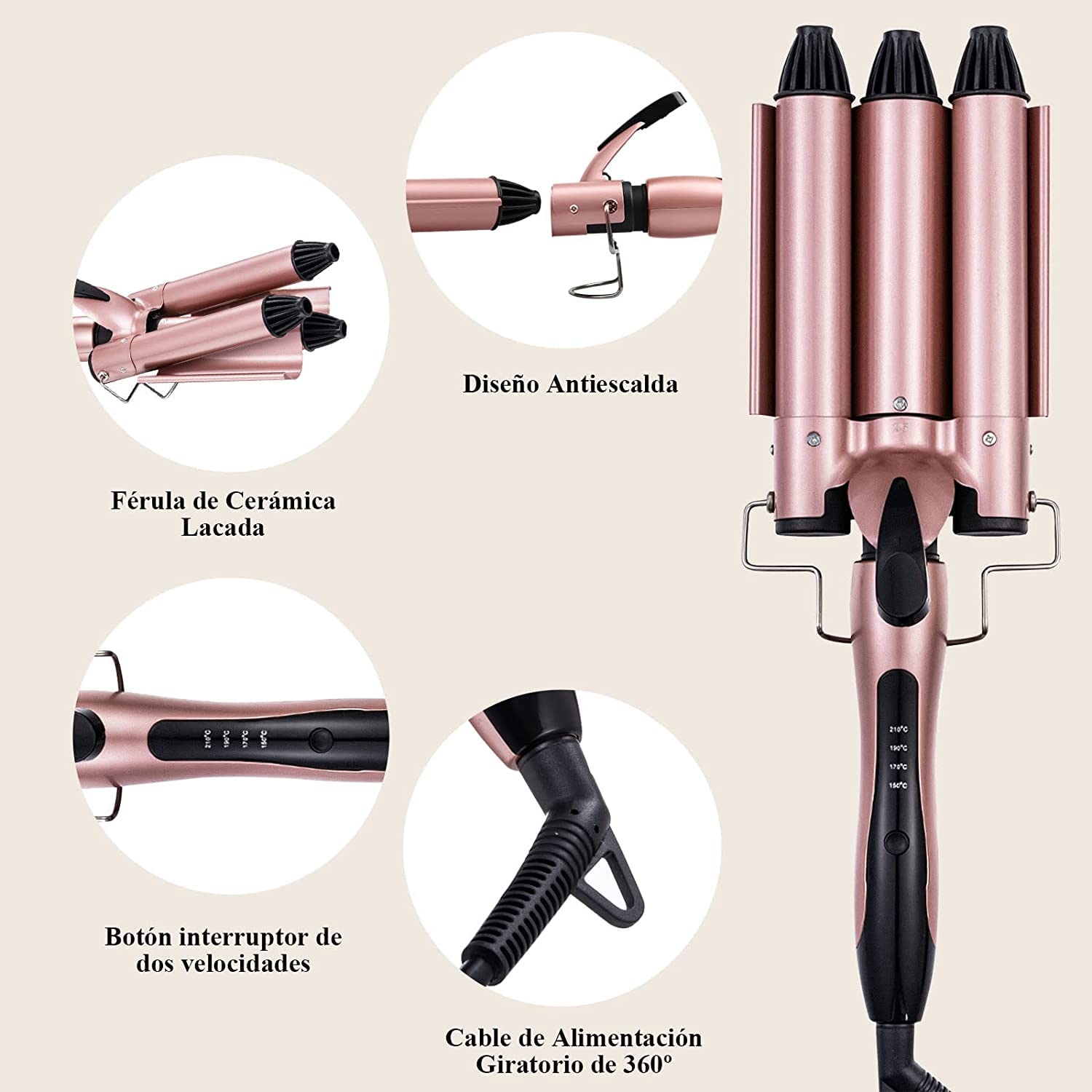 Rizador de Cabello, Rizador de Pelo Profesional con 3 Varillas Temperatura Ajustable, Rizadora para Cabello Triple Tubo de 25mm, se Calienta Rápidamente para Mujer Cabello Largo/Corto y Viajero Rega