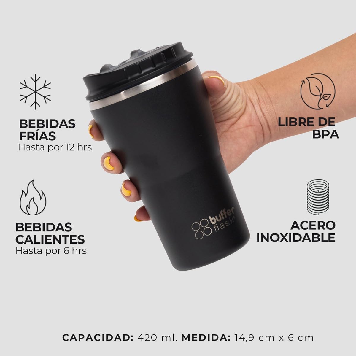 Buffer Flask - Vaso Térmico 420 ml - Termo para Café y Agua de Acero Inoxidable - Tapa Anti Derrame y Fugas - Taza Tumbler Mug para Bebidas Frías y Calientes - Incluye Popote - Color Negro