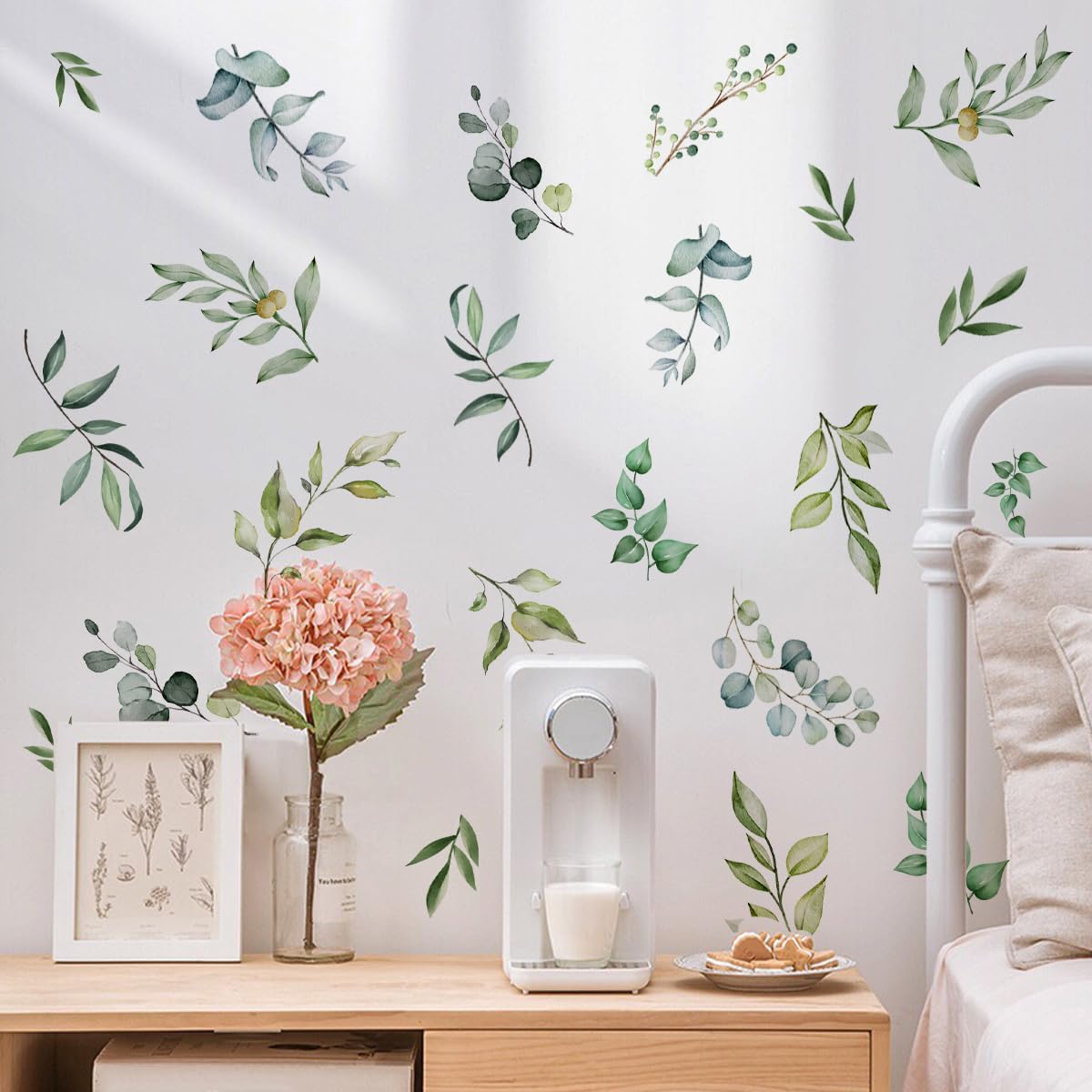 Calcomanías de pared de plantas verdes, calcomanías de pared de hojas, calcomanías de vinilo extraíbles, calcomanías de pared de hojas verdes botánicas, para recámara, fondo de pared, sala de estar,