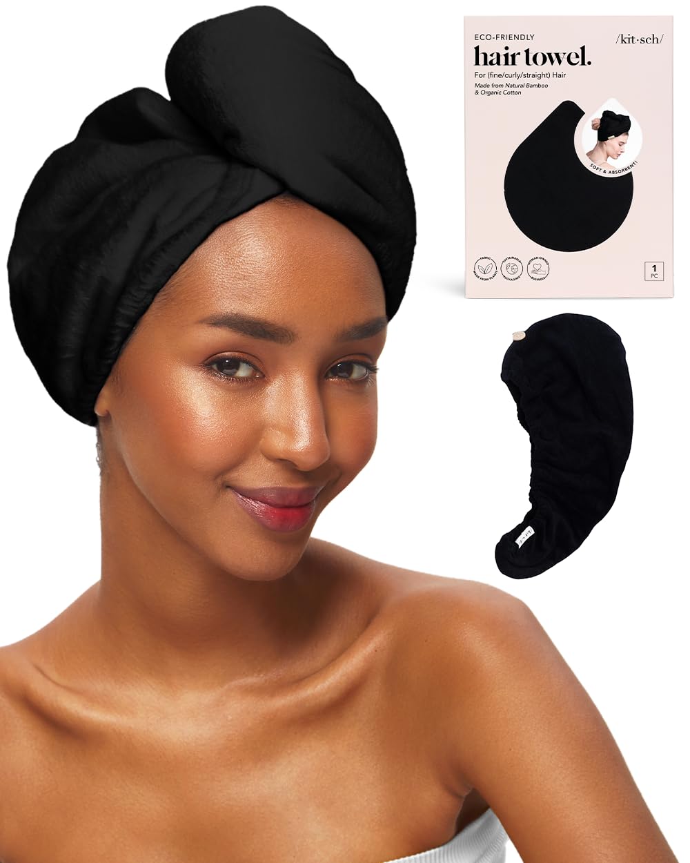Kitsch Toalla de microfibra para el pelo para mujer, turbante de pelo para secar el cabello mojado, toallas de pelo f ciles de girar, toalla de microfibra s per absorbente y ultrasuave, toalla de pelo despu s del spa (negro)