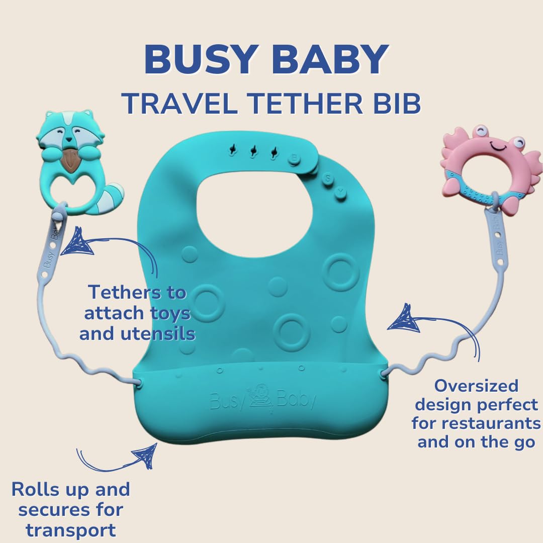 BUSY BABY - Babero elástico ajustable de silicona con bolsillo y sistema de atadura para comidas sin desorden con bebés y niños pequeños