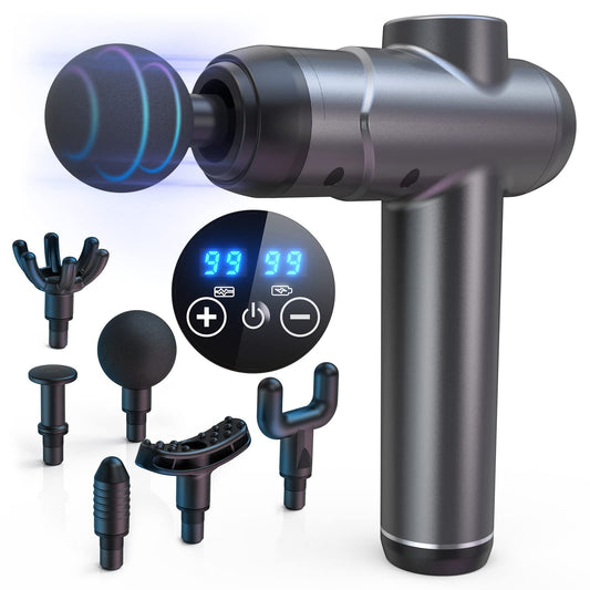SHAVINGFUN Pistola de Masaje, Masajeador de Mano Recargable de Tejido Profundo con Pantalla LCD, 6 Cabezales de Masaje, 99 Velocidades Ajustables para Alivio y Recuperación del Dolor Muscular