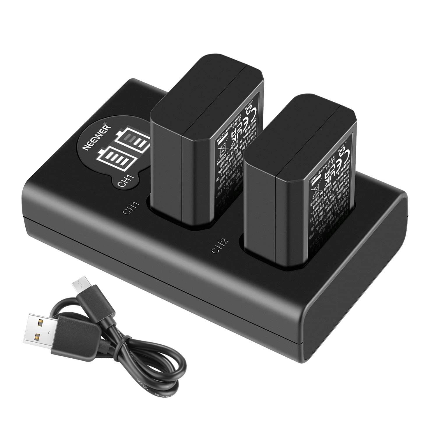 Cargador de Batería para Cámara NEEWER NP-FW50 Sony en Negro con Paquete de 2 Baterías 1100mAh y Cargador Doble Tipo C
