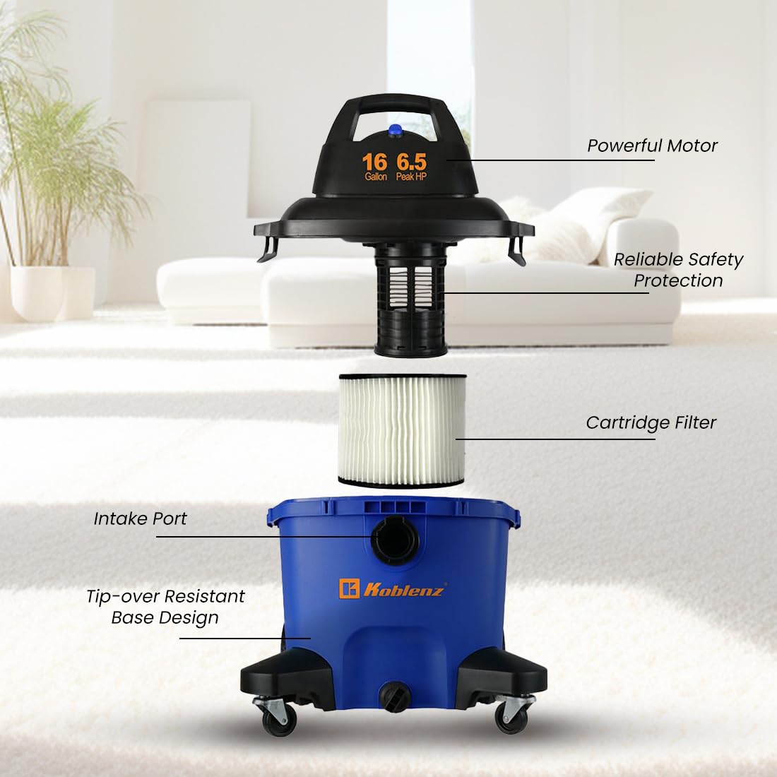 Koblenz Aspiradora Seco Mojado Eléctrica Multiusos, Aspira manualmente sólidos y líquidos, Tanque con Capacidad de 16 galones y Motor de 6.5 HP Modelo WD-16 L4 Incluye Accesorios