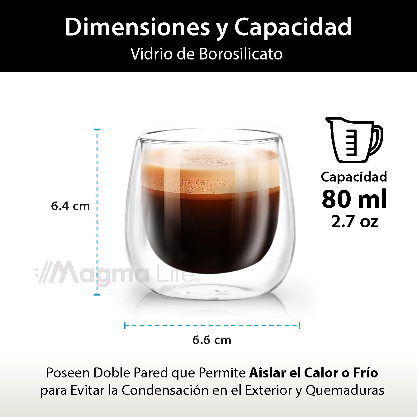 MAGMALIFE Vasos de Cristal de Doble Pared de 80 ml (2.7 Onzas), Vidrio Térmico Doble Fondo. Set de 4 Piezas, Tamaño Ideal Para Espresso. Elegancia y versatilidad en cada sorbo. ¡Disfruta al máximo!