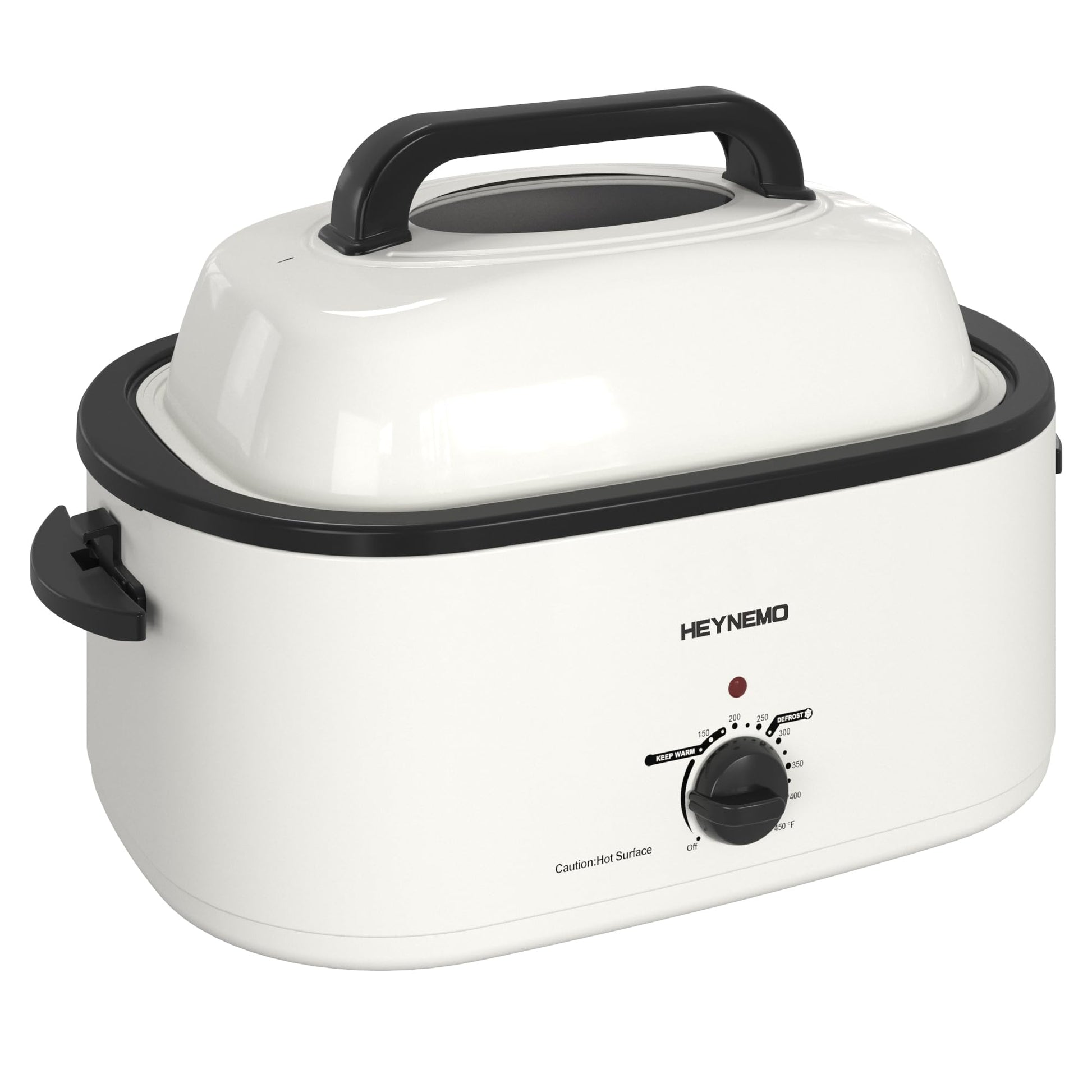 HEYNEMO Horno tostador, horno eléctrico de 24 cuartos de galón, horno tostador de pavo buffet con tapa autohilado, sartén extraíble, asas de tacto frío, acero inoxidable blanco