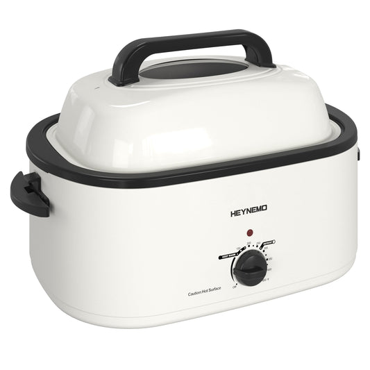HEYNEMO Horno tostador, horno eléctrico de 24 cuartos de galón, horno tostador de pavo buffet con tapa autohilado, sartén extraíble, asas de tacto frío, acero inoxidable blanco
