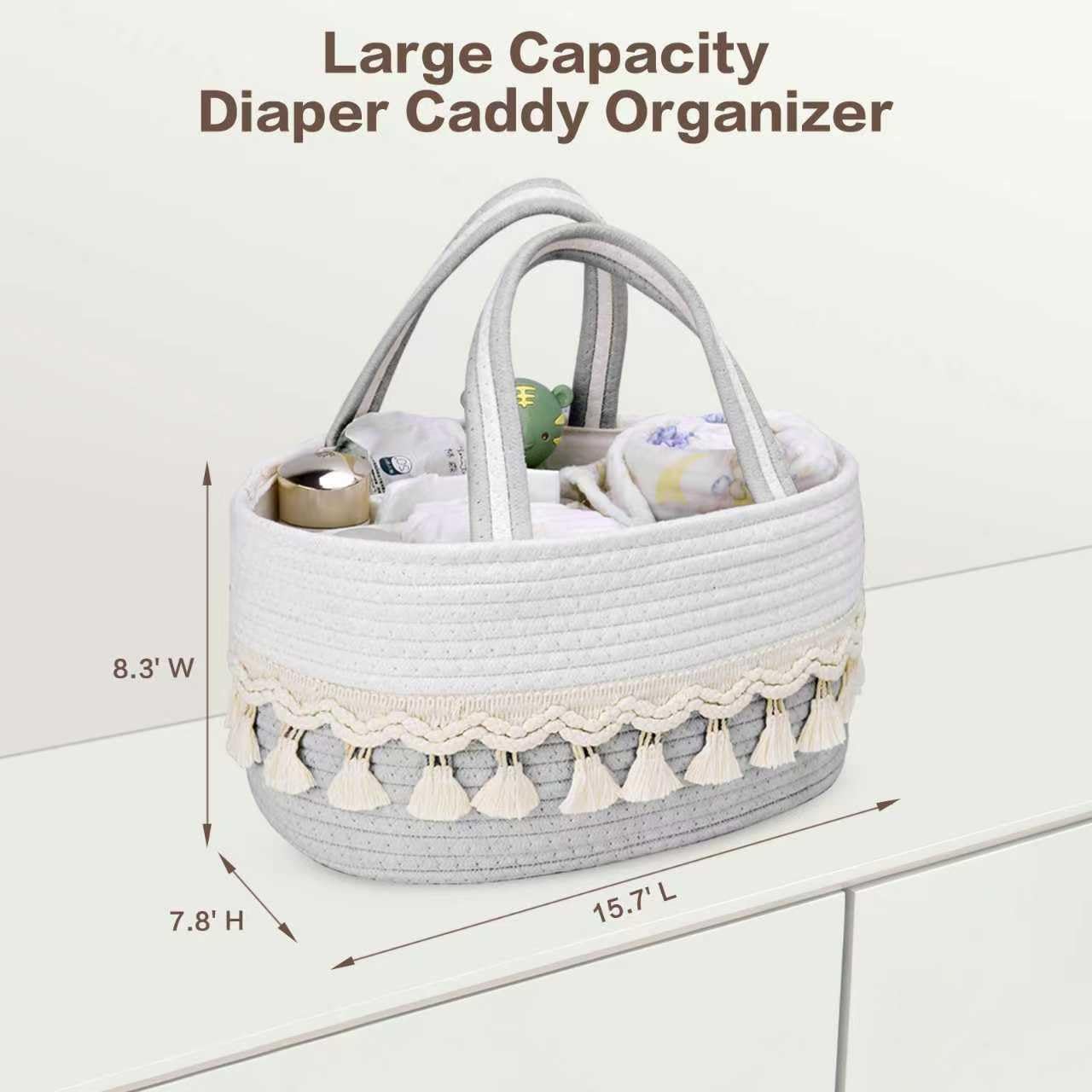 TUWEIPAIKE Organizador de pañales, elegante cesta de almacenamiento de guardería, cesta de baby shower con aspecto decorativo de borla, cesta de almacenamiento portátil adecuada para viajes familiares