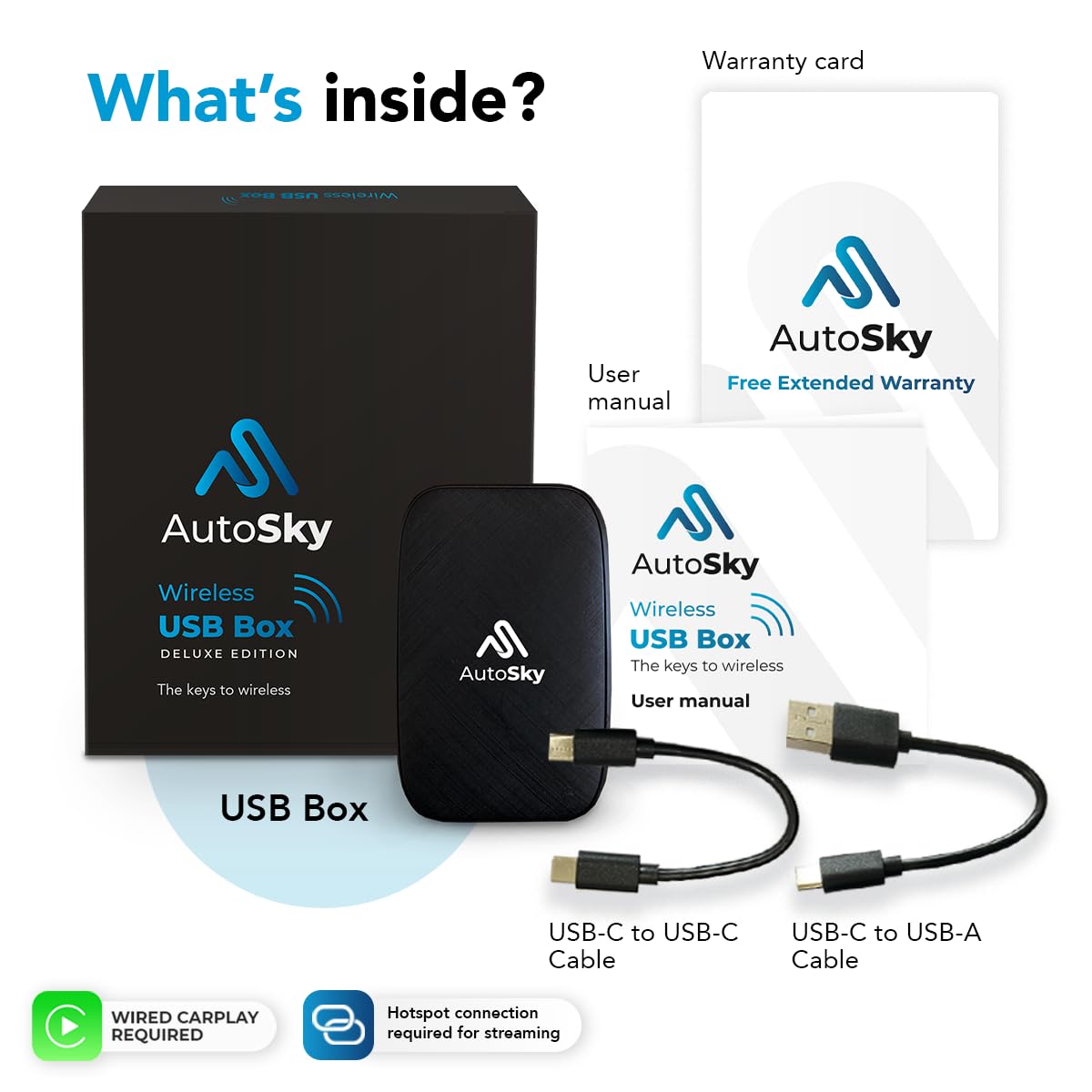 AutoSky Wireless CarPlay y Android Auto AI Box Lite para coches CarPlay con cable de fábrica - Compatible con Netflix y YouTube Must use Hotspot - Go Wireless CarPlay y Android Auto. CarPlay con cable