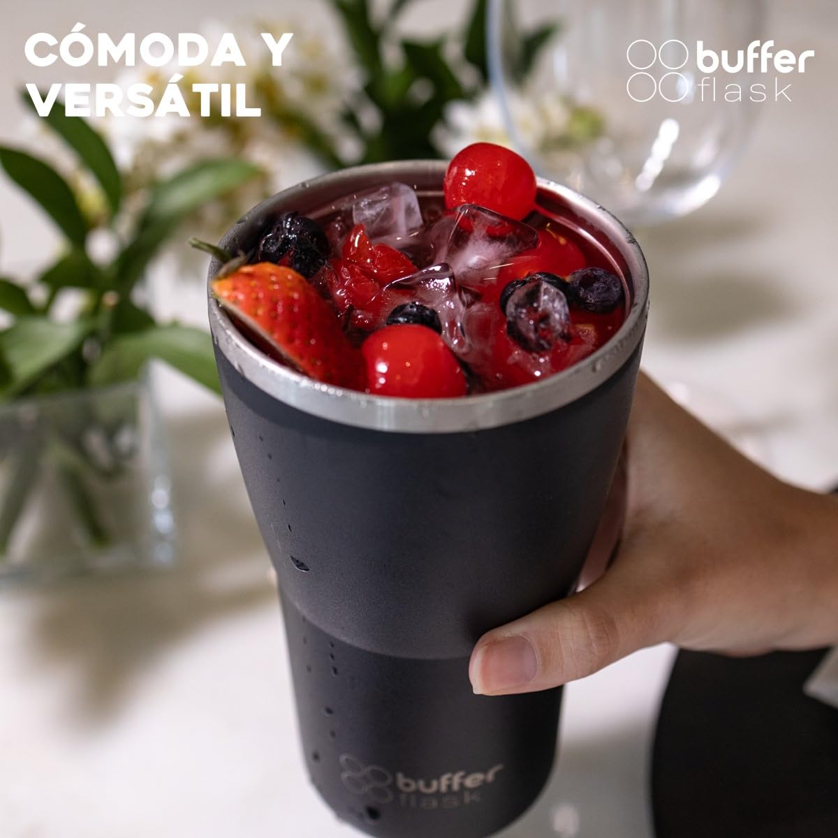 Buffer Flask - Vaso Térmico 420 ml - Termo para Café y Agua de Acero Inoxidable - Tapa Anti Derrame y Fugas - Taza Tumbler Mug para Bebidas Frías y Calientes - Incluye Popote - Color Negro