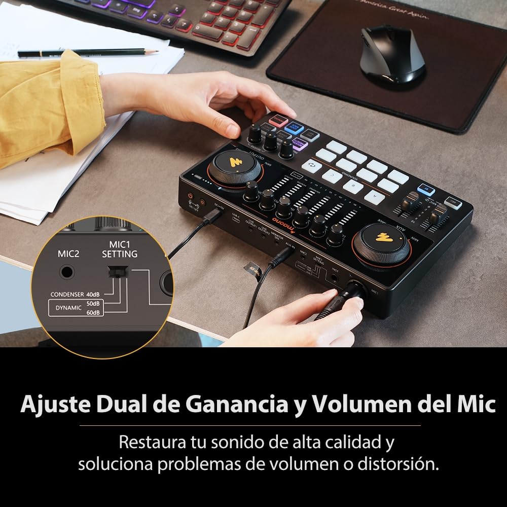 MAONO Mezcladora Interfaz de Audio con Micrófono Condensador XLR, Caster Podcast Studio Kit Todo en Uno para Grabación, Streaming, voz en off, Youtube, DJ, PC, Guitarra (AME2A)