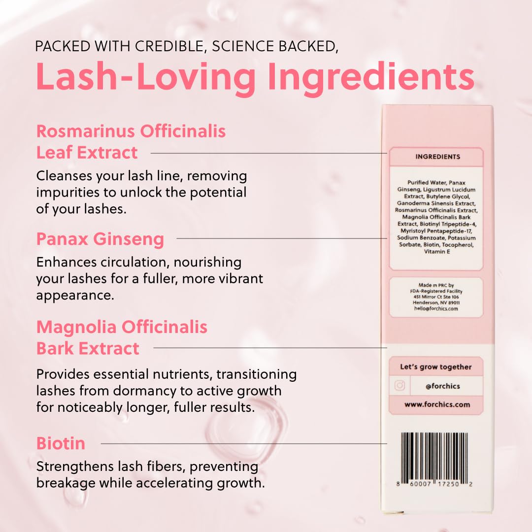 ForChics ForLash Suero para Crecimiento de Pestañas sin Hormonas- Potenciador para Pestañas Más Largas, Gruesas y Abundantes - Estimulante Orgánico y Engrosador Esencial | Vegano y Cruelty Free - [0.10 fl. oz / 3ml]