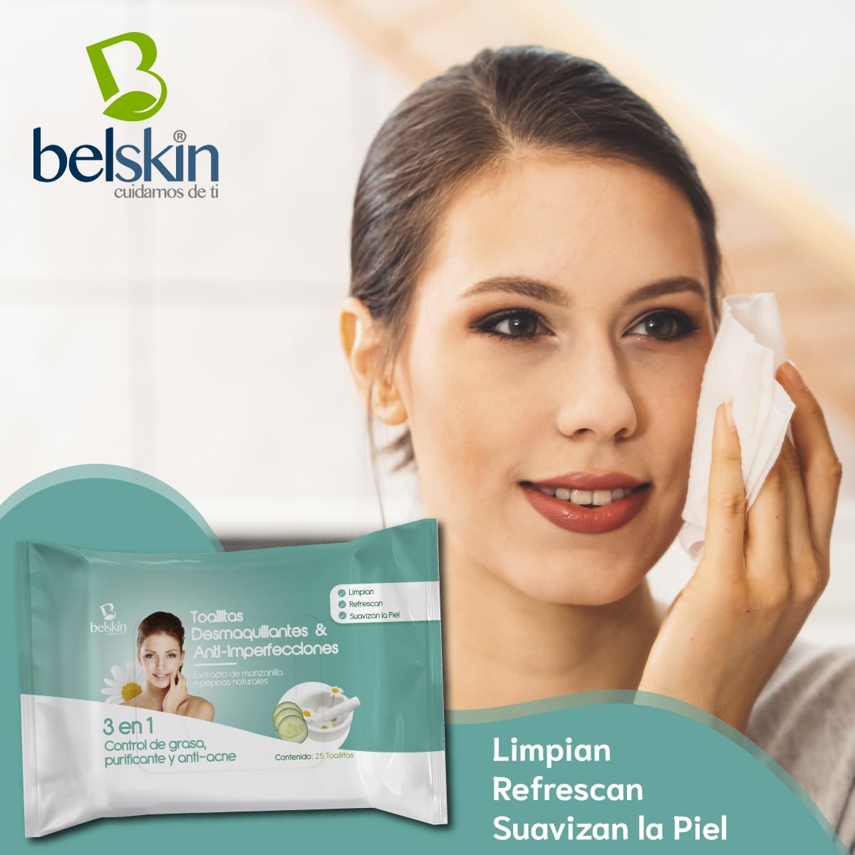 Belskin - Toallitas Desmaquillantes Húmedas - Desmaquillante de Ojos - Toallas Húmedas Faciales - Removedor de Maquillaje - 6 Paquetes con 25 Unidades Cada Uno