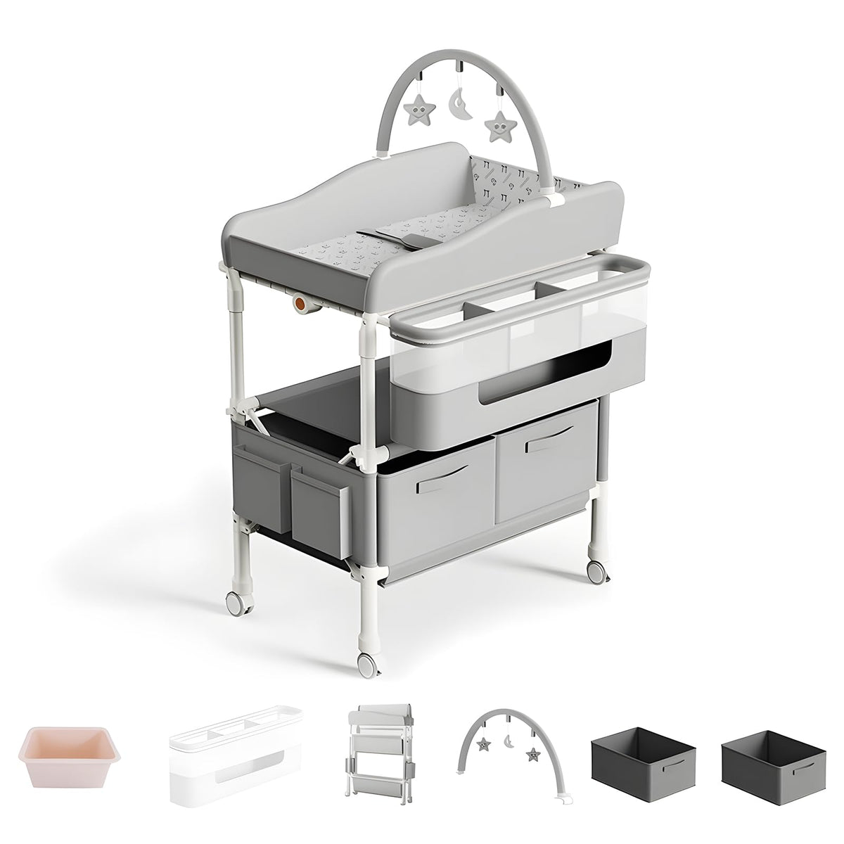 Mueble Cambiador para Bebe, Cambiador de Pañales para Bebe Plegable, Altura Regulable,con 2 Cajones,Ruedas y Cinturón de Seguridad, Cambiador para Bebe Impermeable para Recién Nacidos a Niños Pequeños