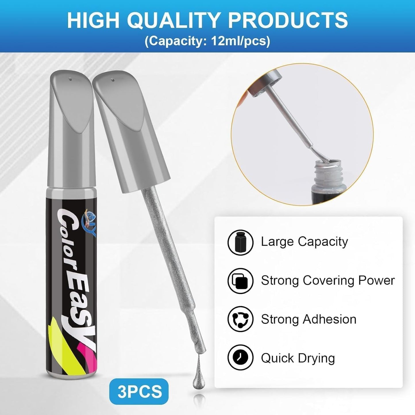 Car Scratch Remover Pen,POKYGO 3 PCS Bolígrafo Reparador, Pintura Retoque Automotriz, Restaurador de Pintura Automotriz, Lápiz de Pintura para Coche para Arañazos Menores,Cuidado del Coche (Plateado)