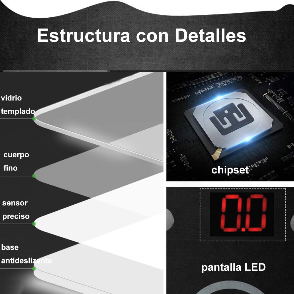 INGEQUIS Báscula Inteligente de Grasa Corporal, Balanza Digital Recargable USB para Detectar Datos de Salud, Medición Precisa con Vidrio Fino y Elegante, Transmisión via Bluetooth en APP Celular