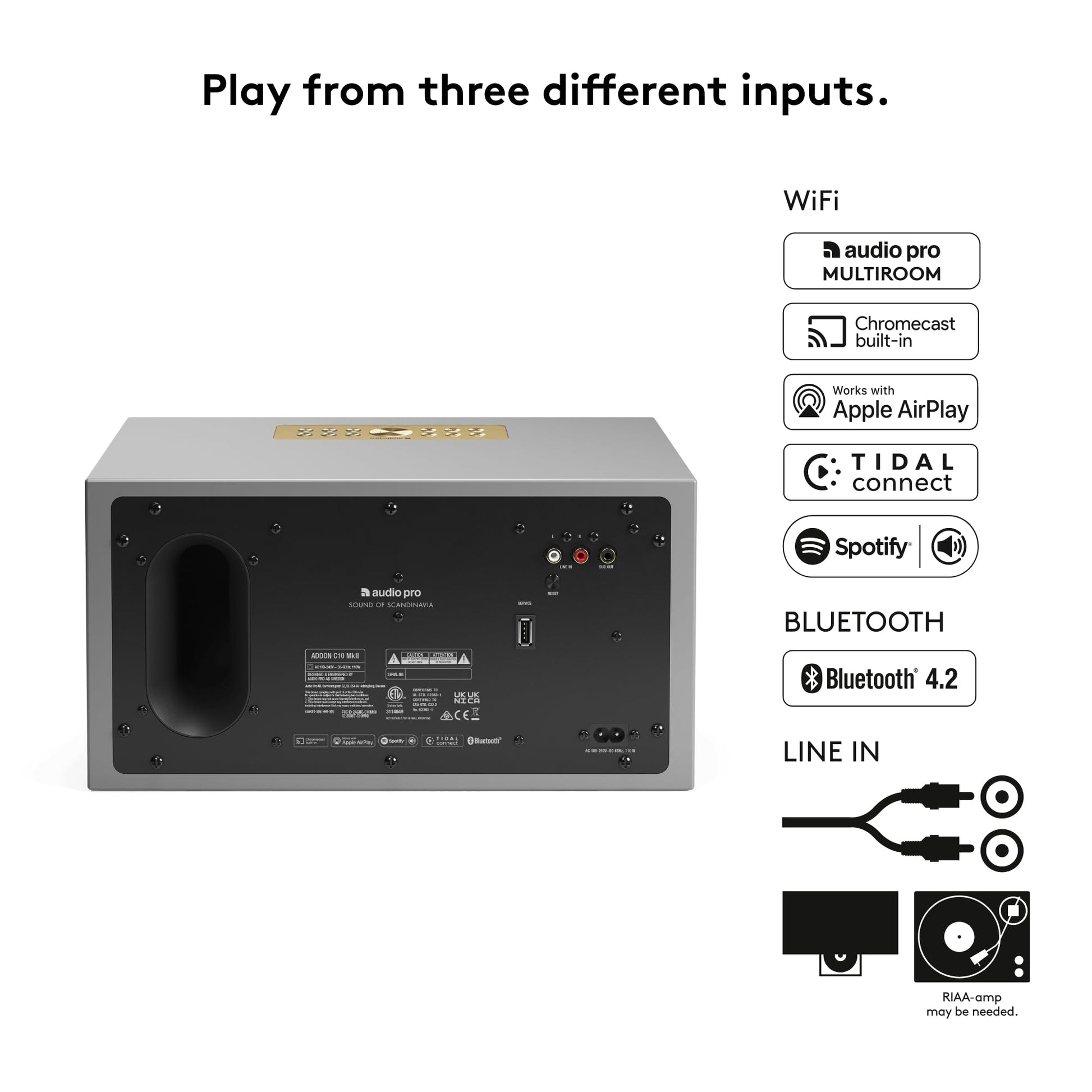 Audio Pro Addon - Altavoz Bluetooth - Altavoz inalámbrico con sonido de alta fidelidad - Altavoces para exteriores, WiFi, AirPlay 2, Chromecast, Spotify Connect, C10 MKII, gris