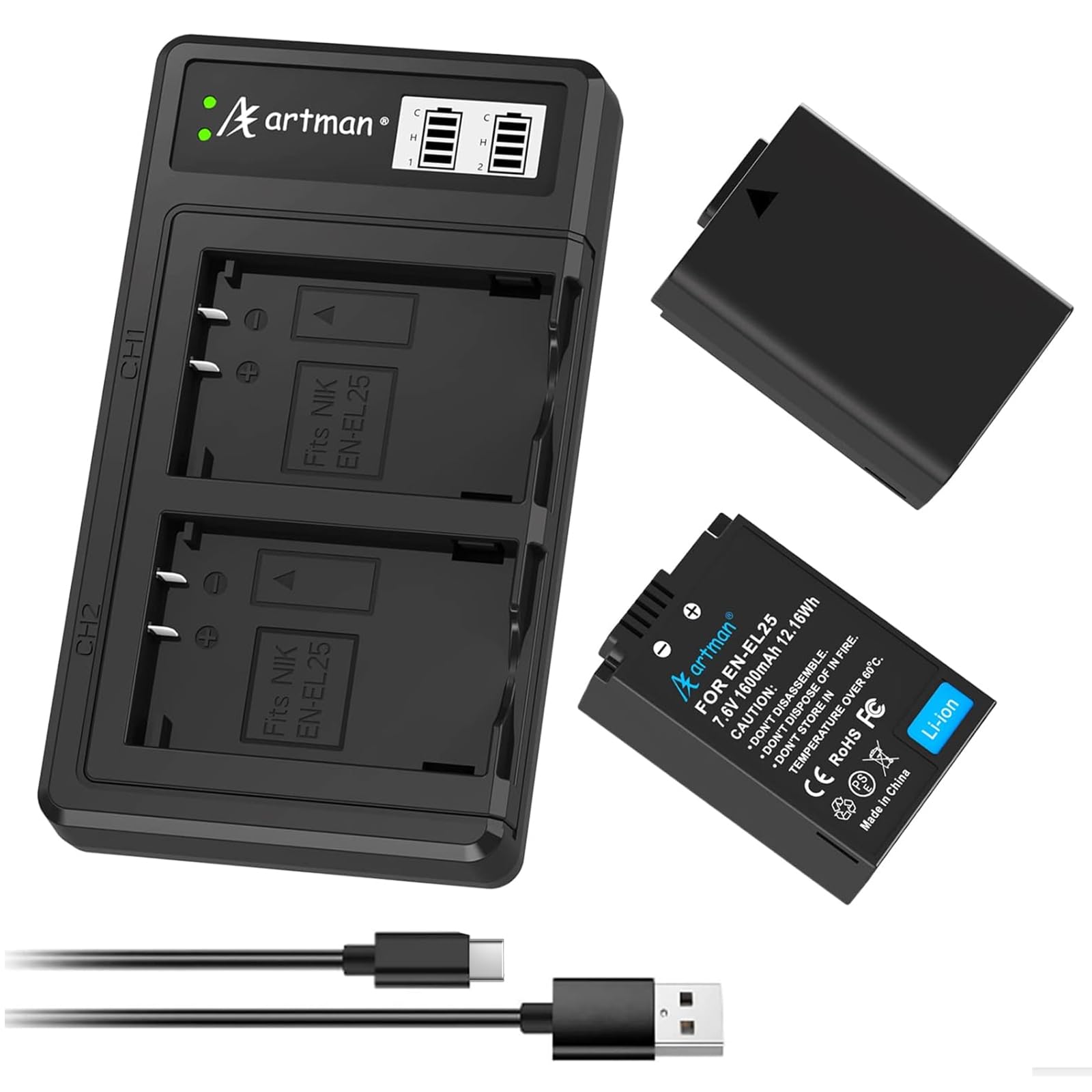 Artman EN-EL25 Batería de Cargador 1600mAh (Paquete de 2) y Smart LCD Cargador Dual USB para Nikon Serie Z, Z30, Z50, ZFC, 4241, EN-EL25, 4241 y Nikon Cámara Digital MH-32
