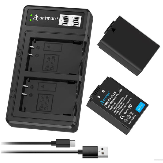 Artman EN-EL25 Batería de Cargador 1600mAh (Paquete de 2) y Smart LCD Cargador Dual USB para Nikon Serie Z, Z30, Z50, ZFC, 4241, EN-EL25, 4241 y Nikon Cámara Digital MH-32
