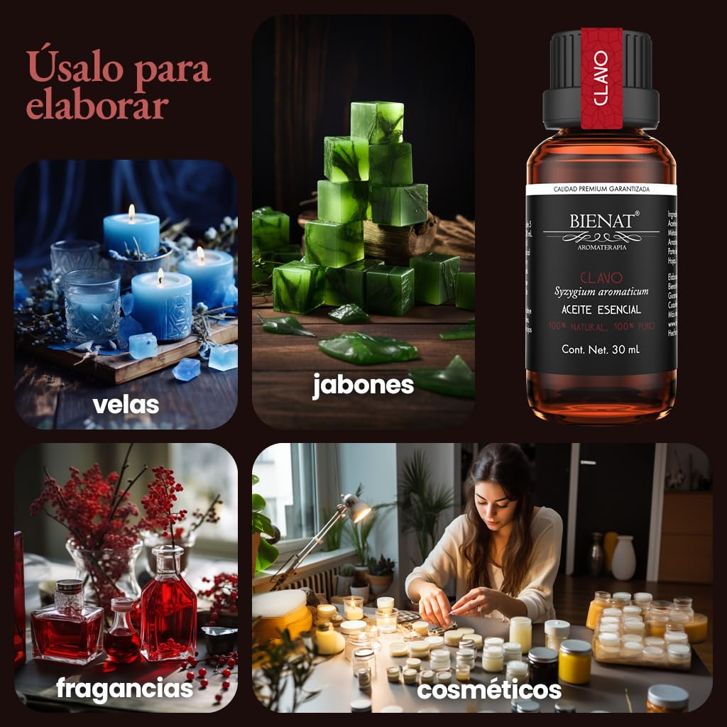 BIENAT AROMATERAPIA Aceite Esencial de Clavo 30mL | 100% Puro y Concentrado | Ideal para Difusor de Aromas, Humidificador, Aromaterapia, Masajes, Meditación, Jabones y Velas | Esencia Natural en Gotas