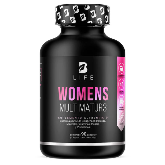 B Life Company Multivitamínico para Mujer Mayor de 40 años con 90 Cápsulas. Ingredientes naturales: Colágeno, Inositol, Maca, Probioticos. Womens Mult Mature.