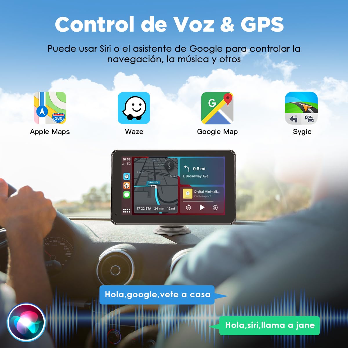 HIMICAR Autoestereo Portátil Estéreo con Inalámbrico Apple Carplay & Android Auto/Mirror Link, 7 Pulgadas IPS HD Pantalla Completa Táctil, Control de Voz, FM, Bluetooth, AUX, TF + Cámara Trasera