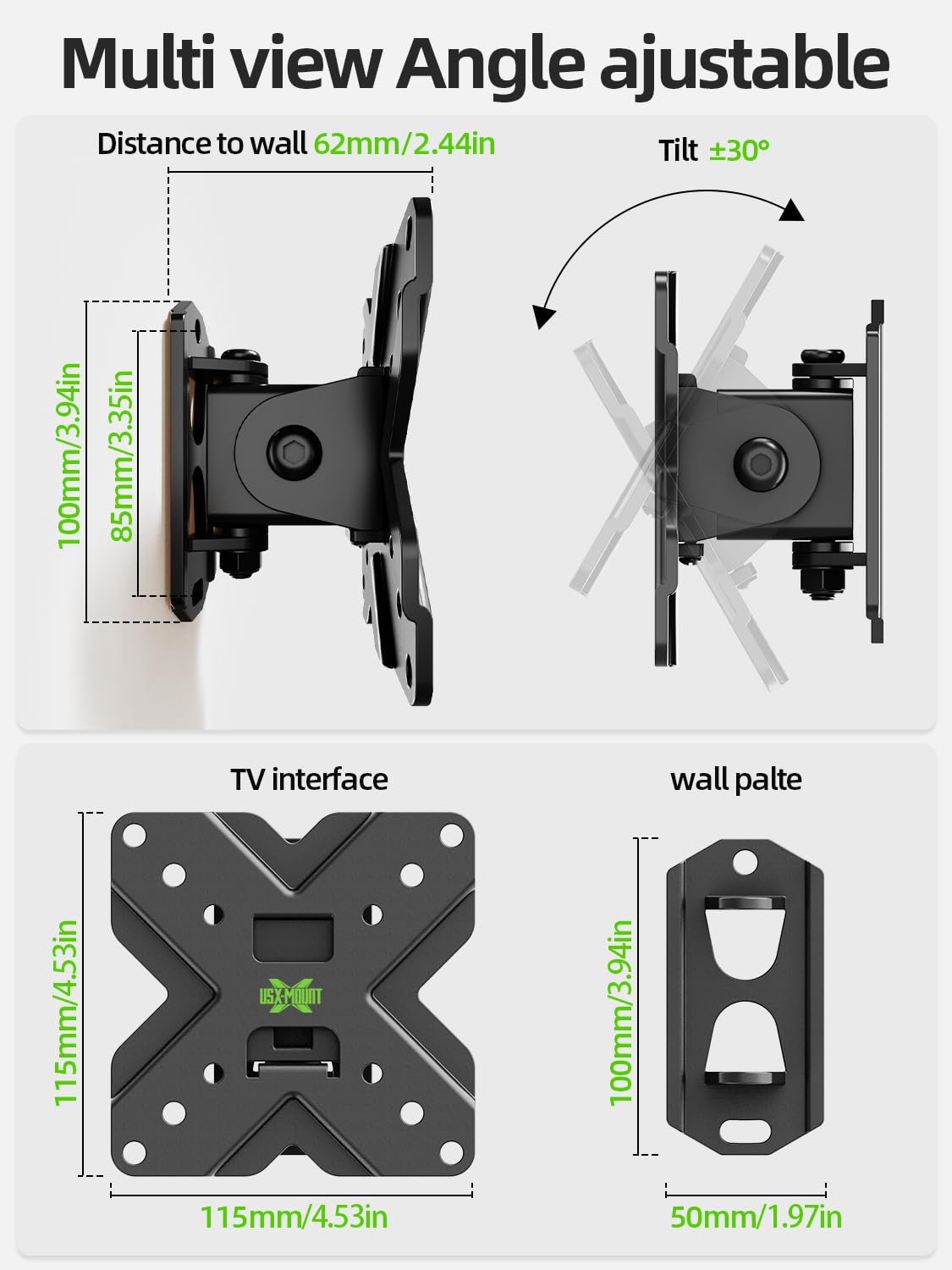 Soporte de Pared para TV y Monitor USX MOUNT Negro con Giro e Inclinación para 10-32 Pulgadas