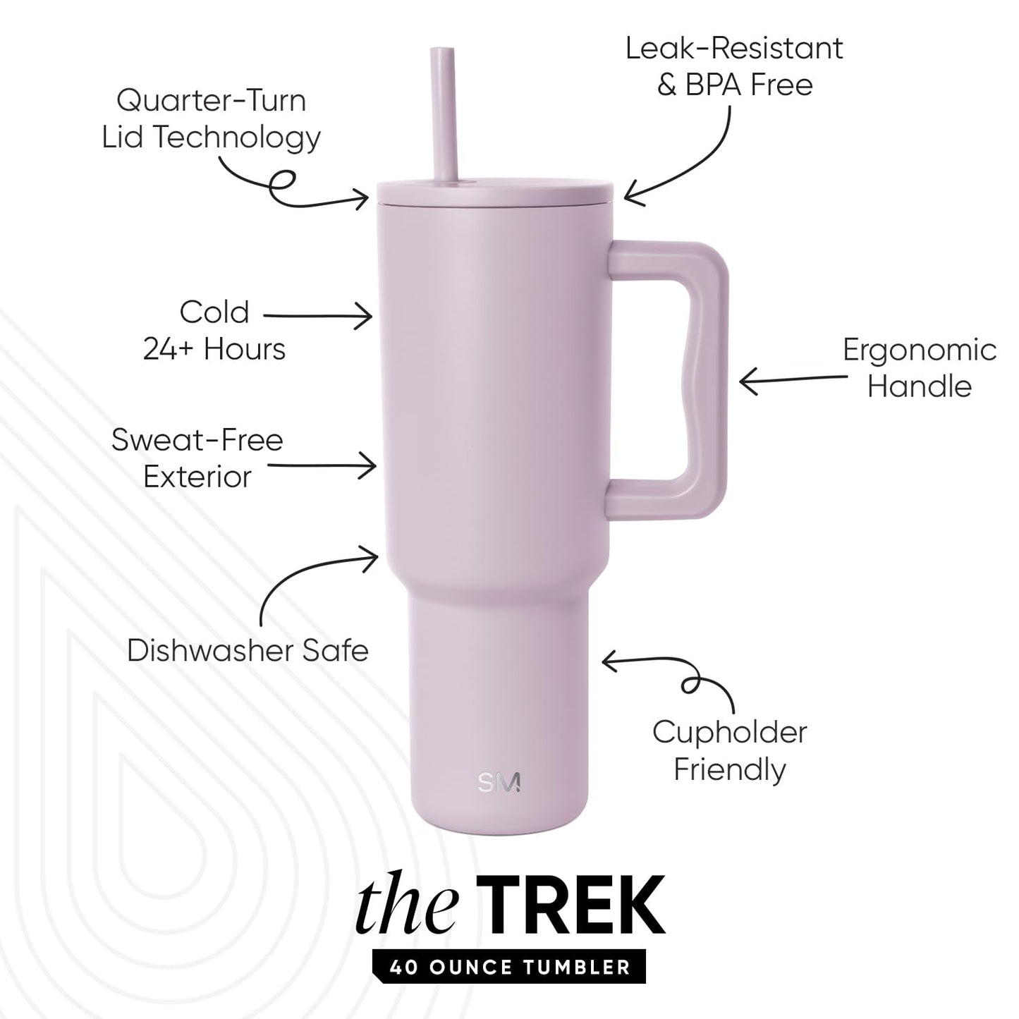 Vaso Térmico Simple Modern Lavender Mist con Asa y Pajita Aislado de Acero Inoxidable Trek Colección 40 oz