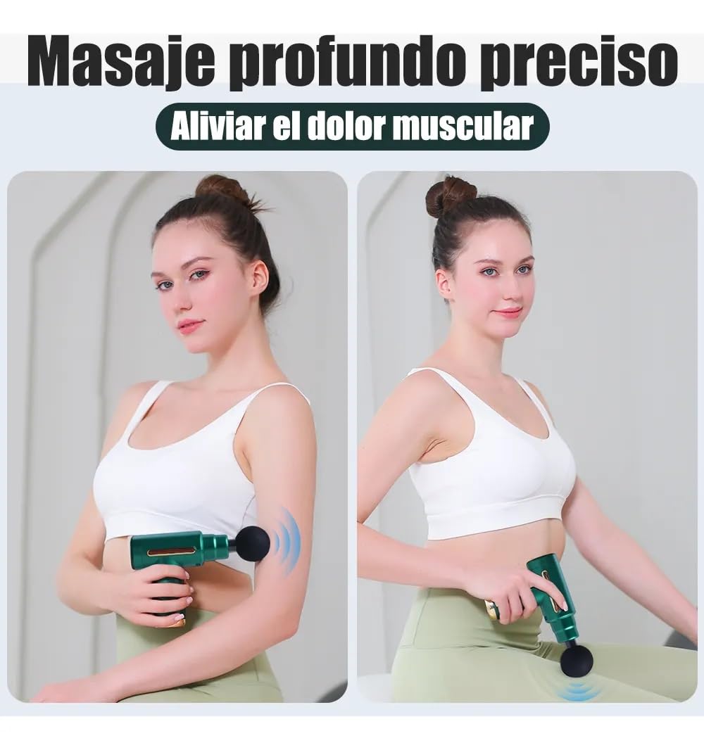Pistola de Masaje Muscular con 4 Cabezas, Masajeador Portatil Muscular Mini Masajeador de Tejido Profundo Ajustables Massage Gun, Masaje Profesional Para Musculos, Ligamentos y Tejidos, Carga USB(Verde)