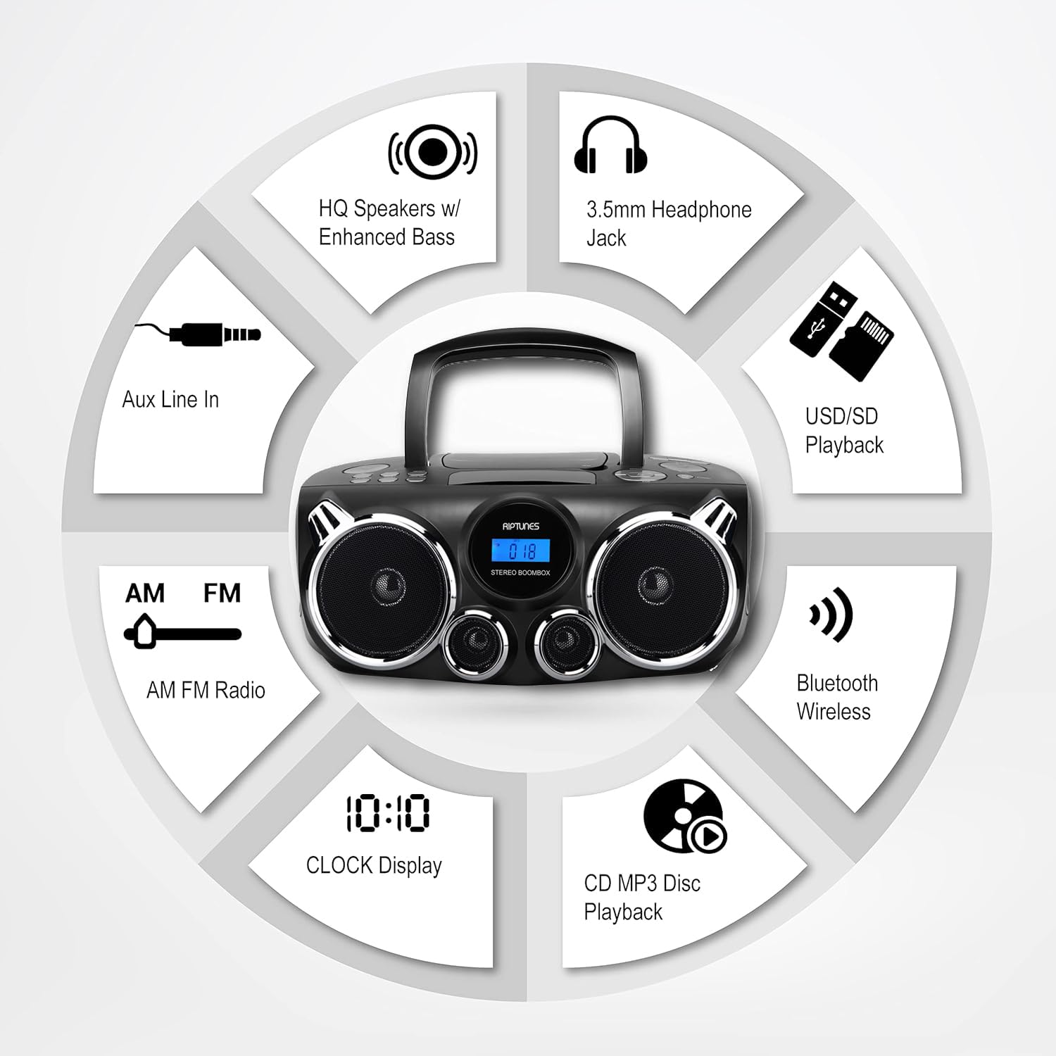 Reproductor de CD RIPTUNES Negro con Sonido Estéreo Bluetooth y Graves Mejorados