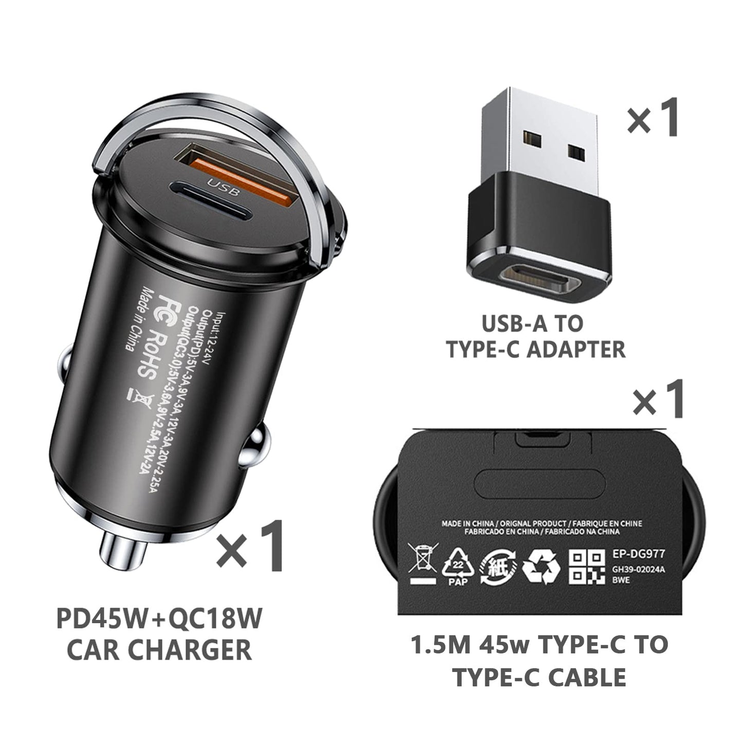 3en1 63W Fast Charger Cargador para Auto, Cargador de Coche,Carga Rápida Tipo C PD 45 W, Quick Charge QC 18W para Samsung S22 Ultra, S21 FE/S21+, para iPad Pro/Mini Redmi Xiaomi iPhone 14 Pro MAX