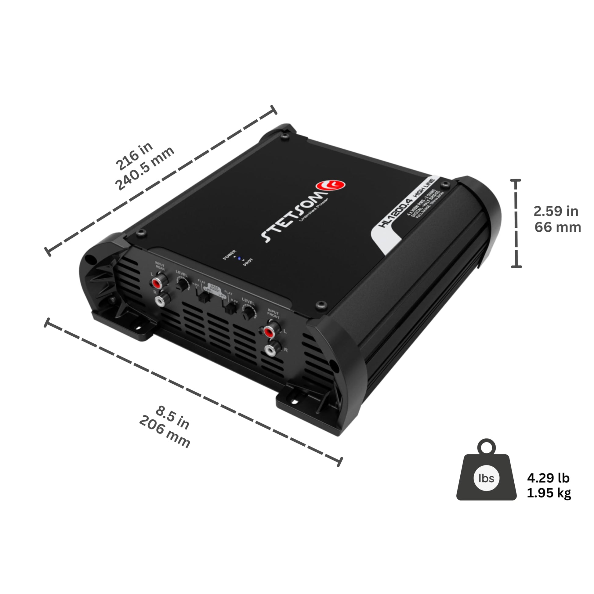 Amplificador de Audio Multicanal Stetsom HL 1200.4 Estéreo para Coche en Negro con Crossover y Bass Boost