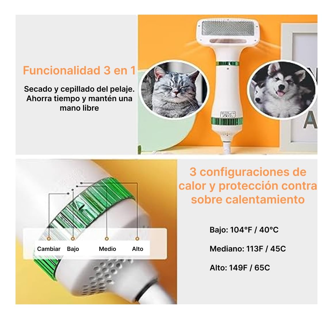 HOPEMOB Secador De Pelo Para Mascotas 3 En 1 Portátil Peine De Aire Caliente Automático y Cabezales de Recambio