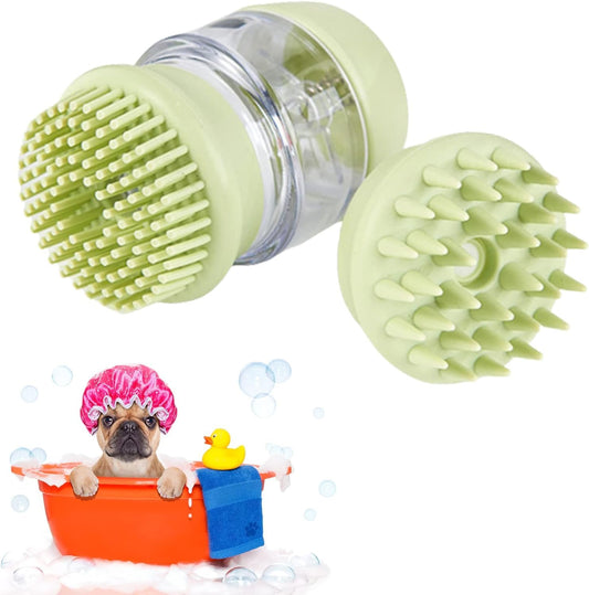 Cepillo de baño para mascotas, cepillo para perros con 2 cabezales de cepillo de silicona suave, dispensador de masaje de champú para mascotas para aseo de mascotas, cepillo de ducha para limpieza de cabello de perros y gatos(verde)