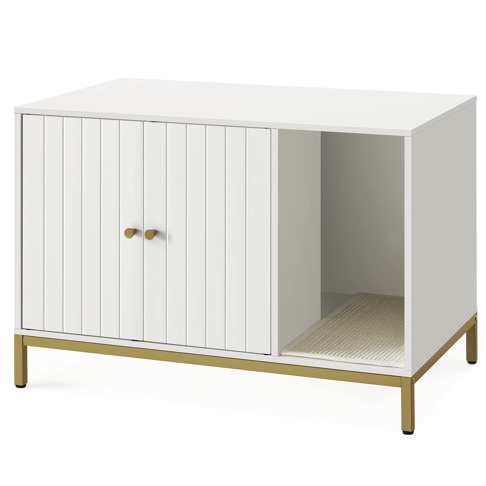 Feandrea Mueble Arenero, Mueble de Caja Arenero para Gatos,con Alfombrilla Rascadora, Patas Altas, 80 x 50 x 55 cm, Blanco y Dorado MPCL007W01